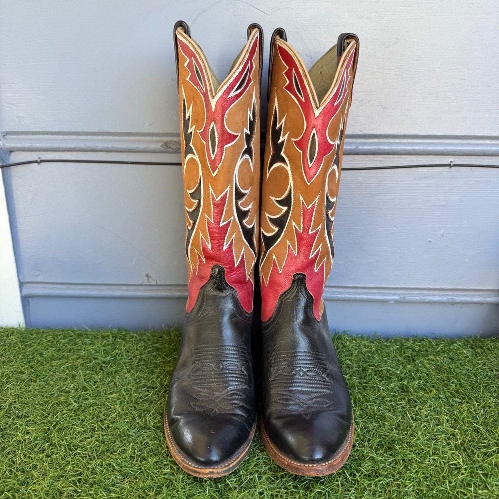 Dan Post Womens Leather Cowboy Boots Size 8.5 Black Tan Red Inlay Western